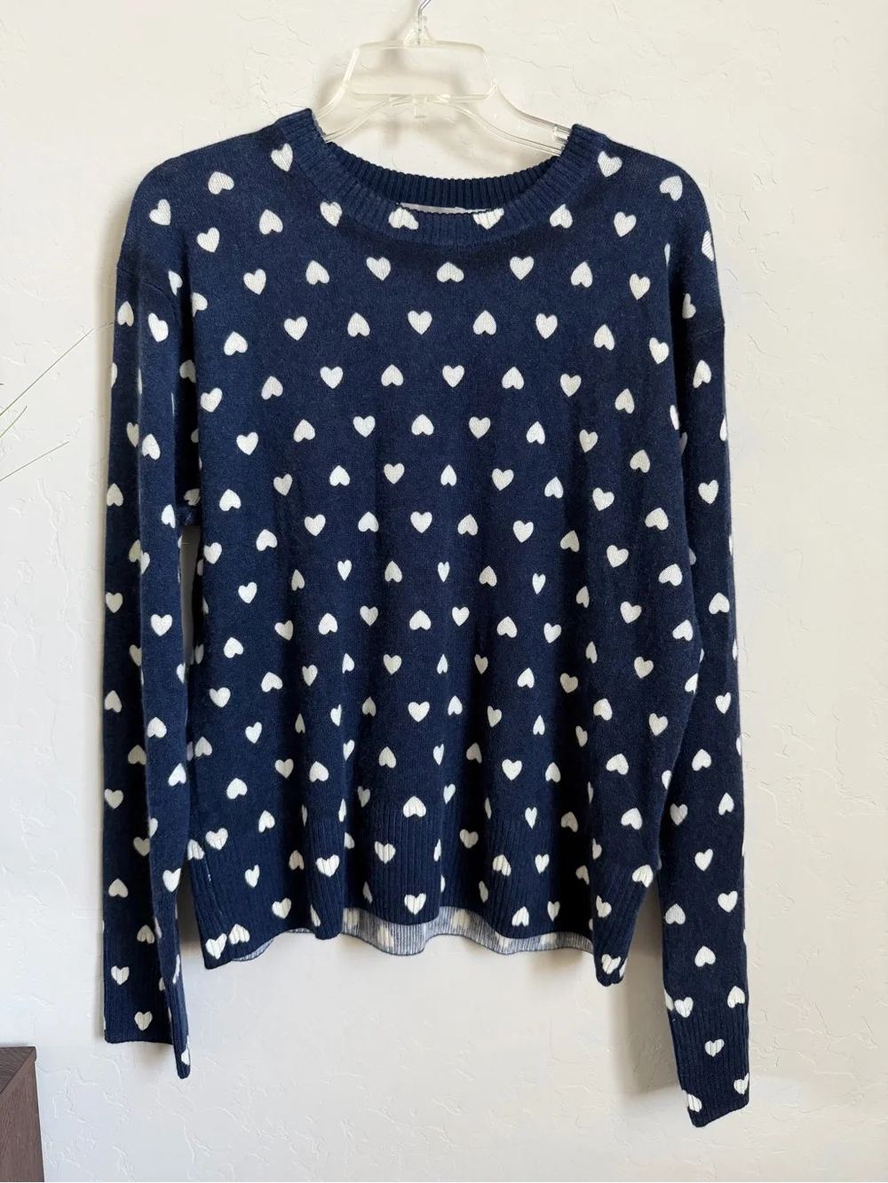 J.Crew 100% Cashmere Heart Print Crewneck Sweater Navy Ivory Large